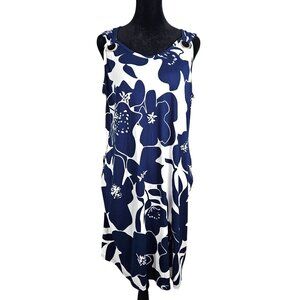 Womens Size Large Tropical Sleeveless Navy/White Floral Dress Ring Detail